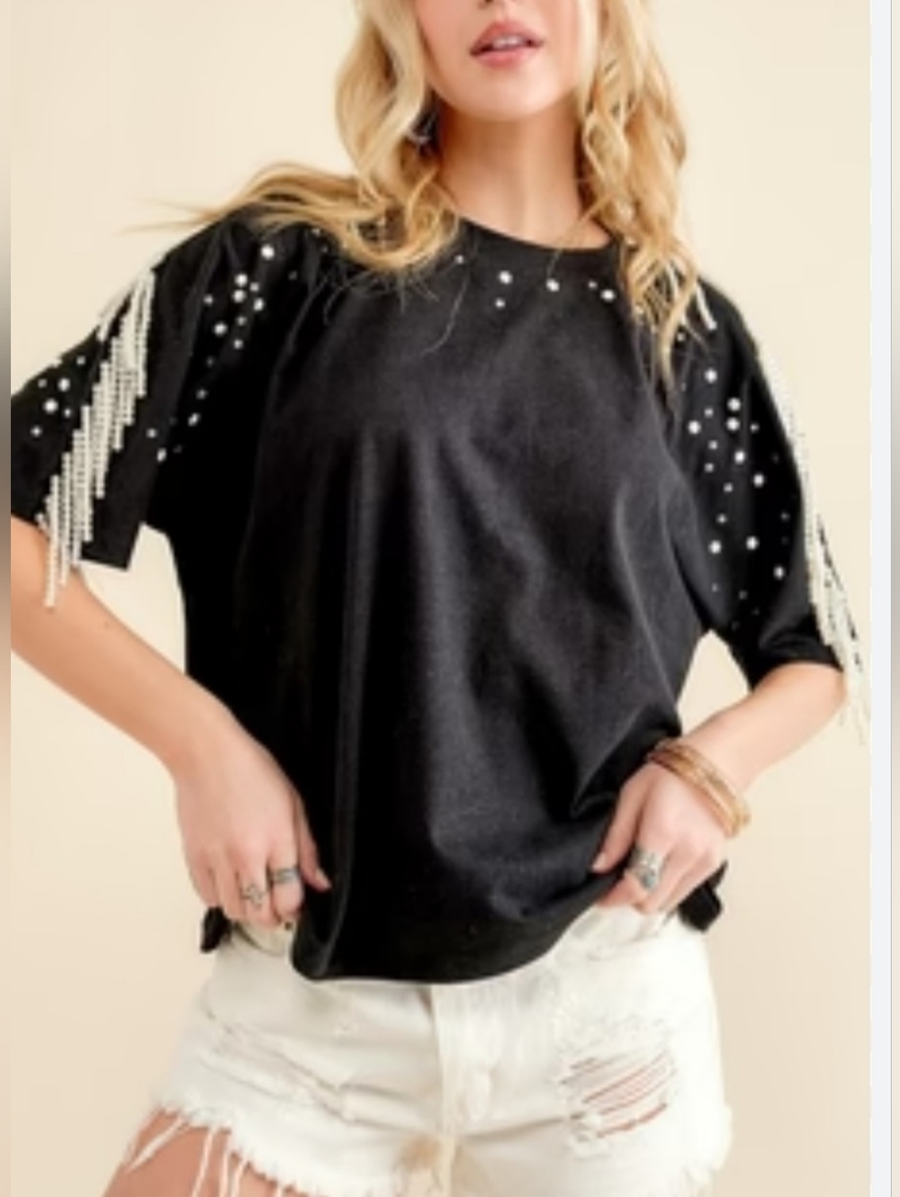 Faux Pearl Fringe Tee Shirt